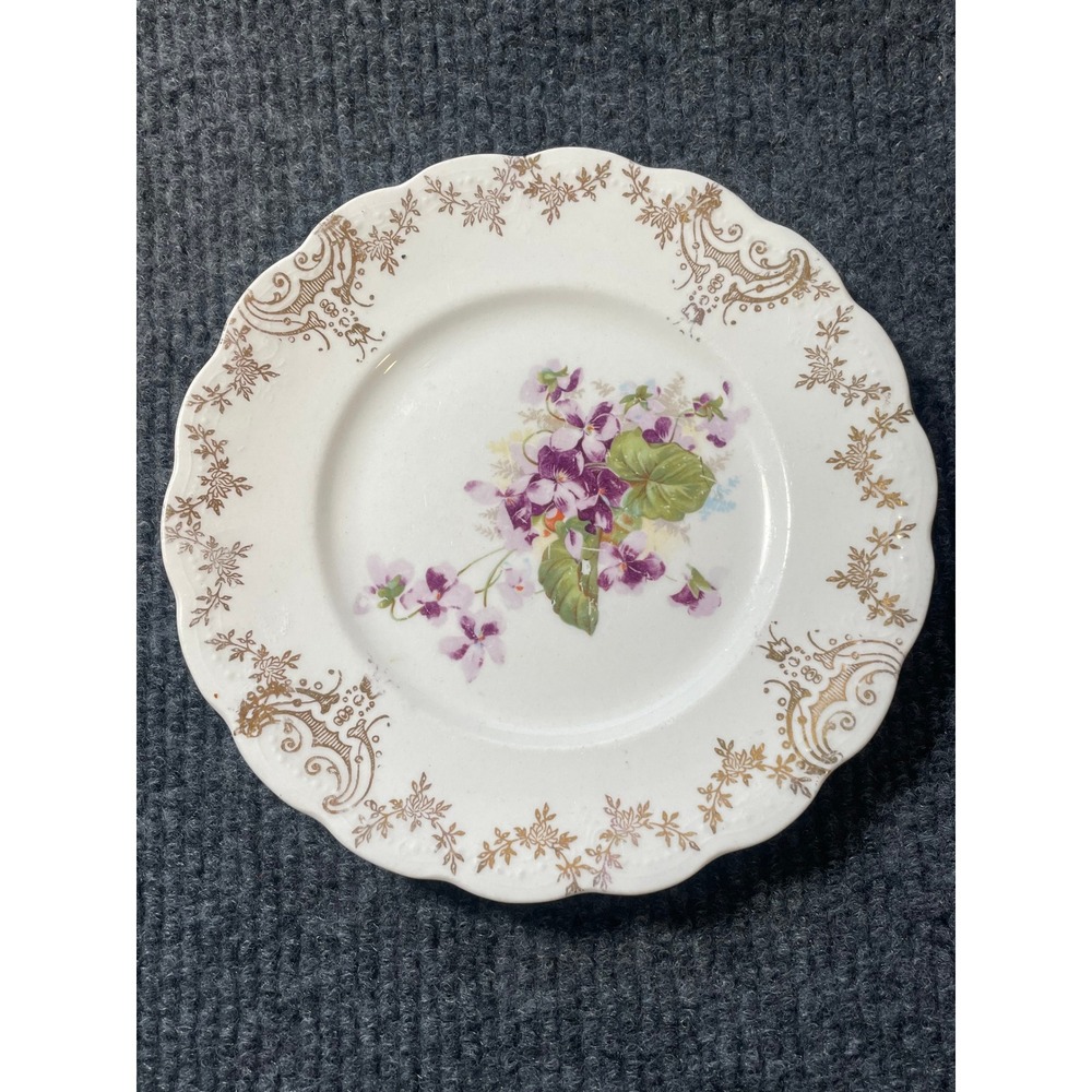 Vintage Sterling China East Liverpool Ohio Violet Scalloped Gold Filigree Plate